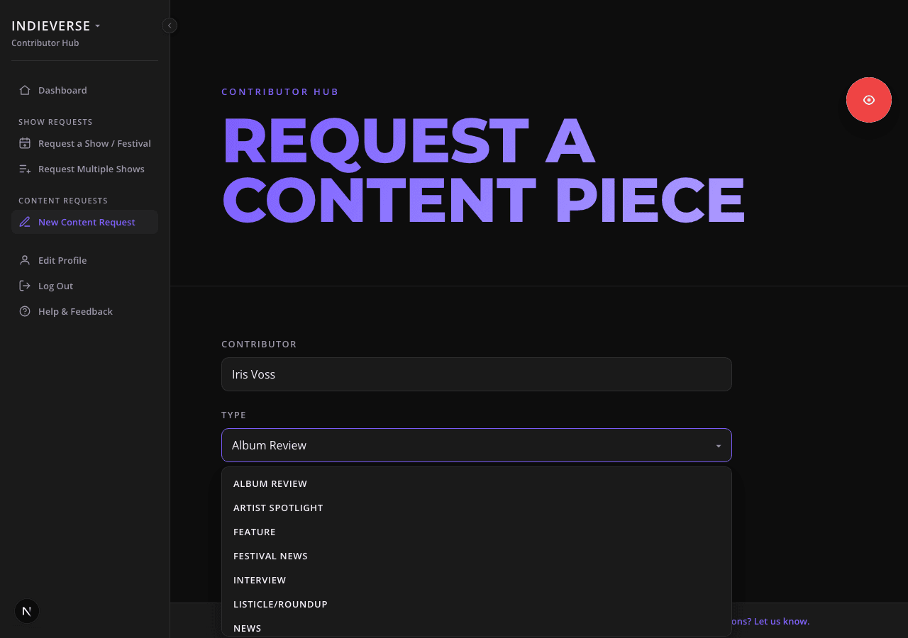 Capture: the new content request form, with the request-type dropdown (review/interview/feature) open.