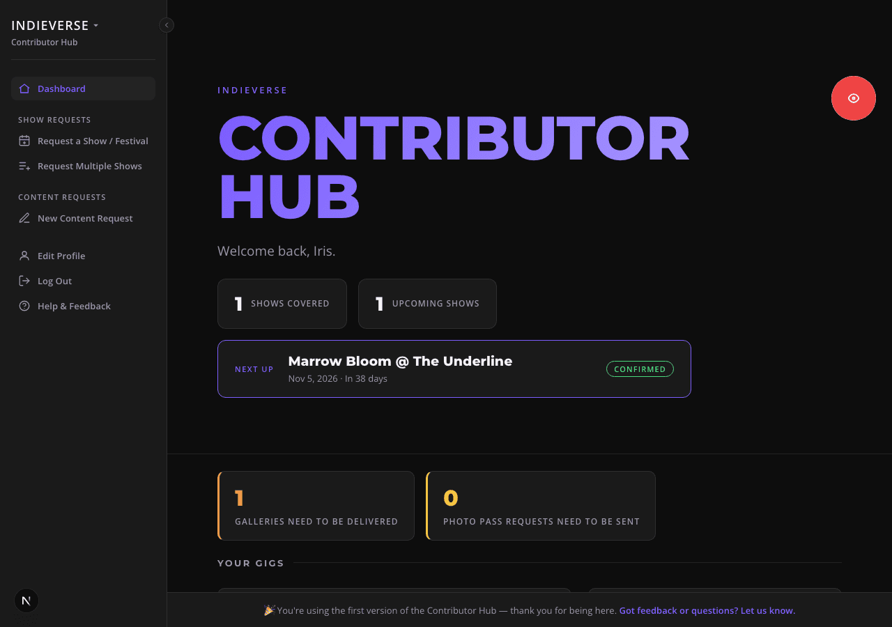 Capture: the dashboard in contributor view — own gigs calendar, own key-figure cards, and the list of own requests/posts below.