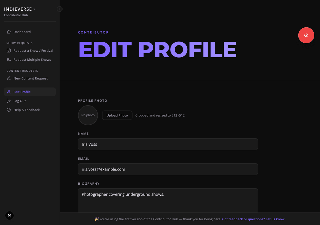 Capture: the own-profile edit form, filled in with sample bio/city/links.