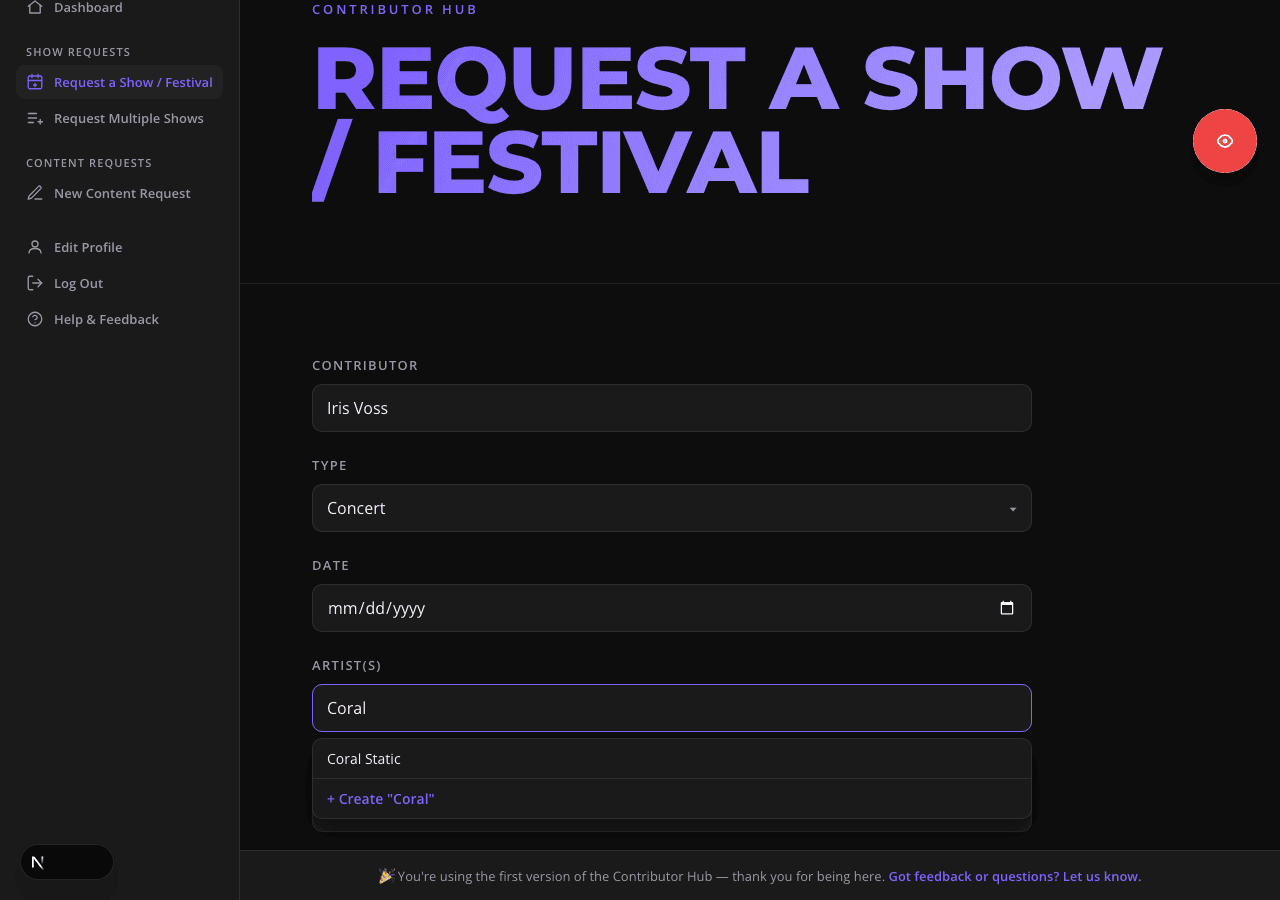 Capture: the new event request form with the artist autocomplete dropdown open mid-search.