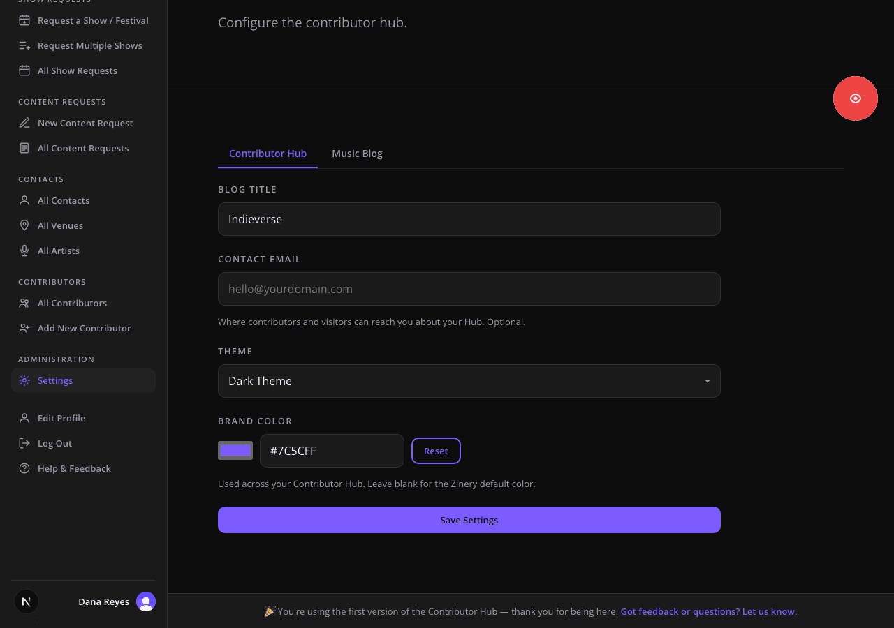 Capture: the settings page with the theme switch and brand-color picker visible, ideally with a non-default brand color already set.