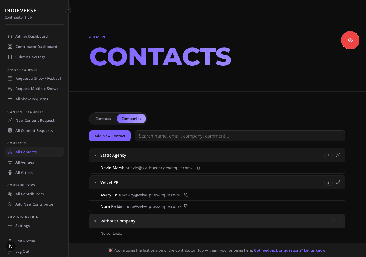 Capture: the contacts directory in tree view (companies expanded to show their contacts), with the table/tree toggle visible.