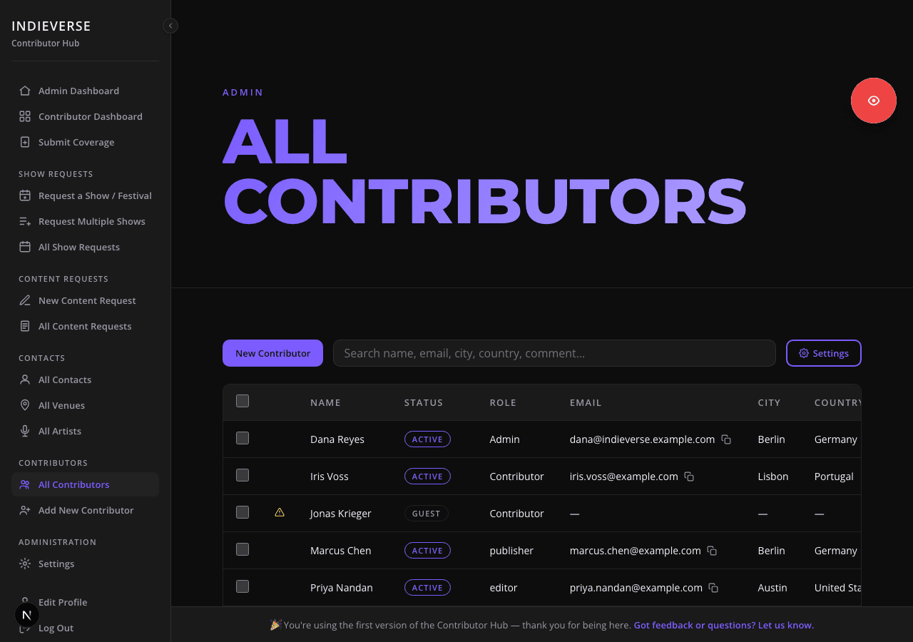 Capture: the contributors overview table (status, post count, latest post, an incomplete-profile warning icon on one row) with the "Add contributor" form open beside or below it, showing the Guest vs. Contributor choice and the role picker.