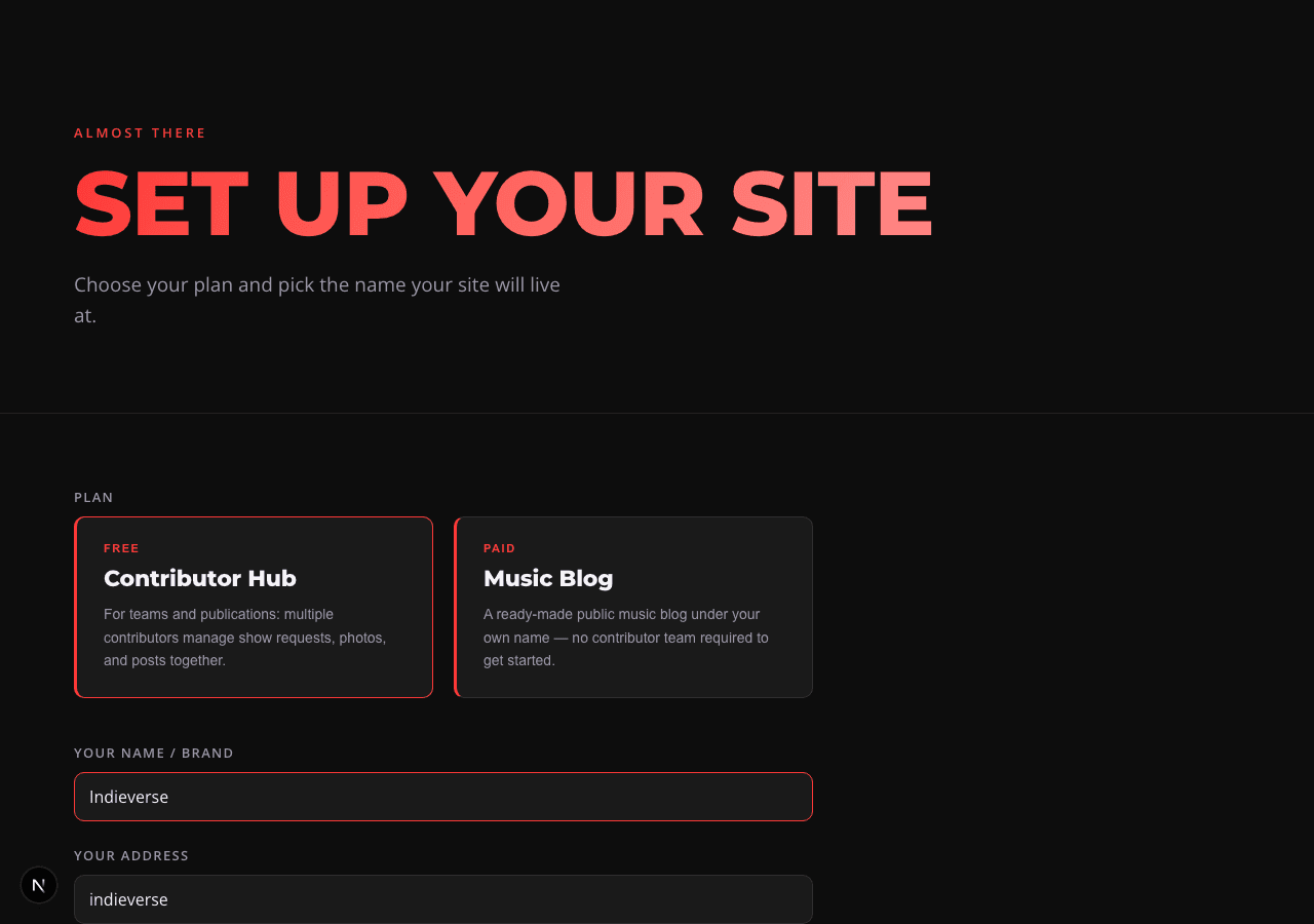 Capture: the onboarding form right after sign-up — plan already set to "Contributor Hub", with the hub-name field that previews the resulting yourname.zinery.co subdomain.